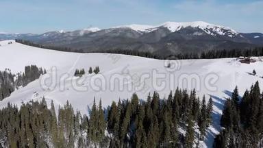 飞越雪山和杉林之上的雪山喀尔巴阡山.. 滑雪胜地
